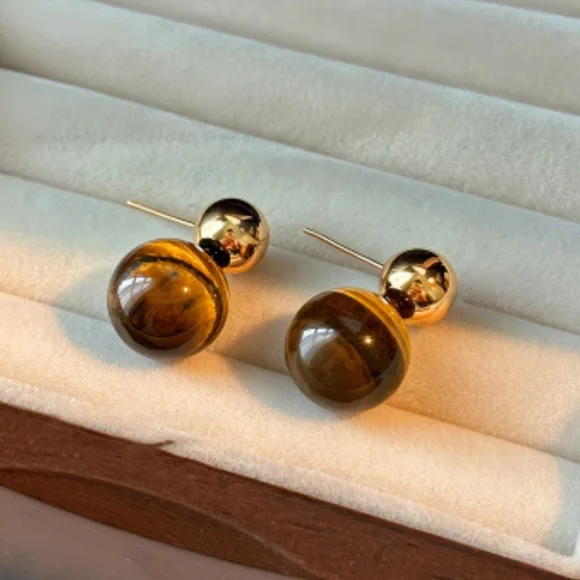 Gold Tiger Eye Earrings - Picture 3 of 3